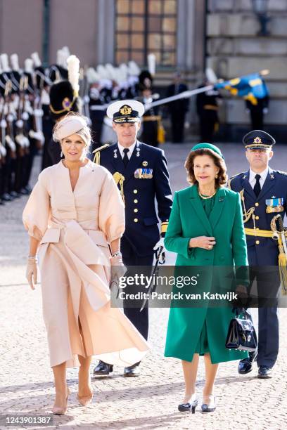 Queen Maxima of the Netherlands and Queen Silvia of Sweden during the official welcome ceremony on the first day of the Dutch State visit to Sweden...