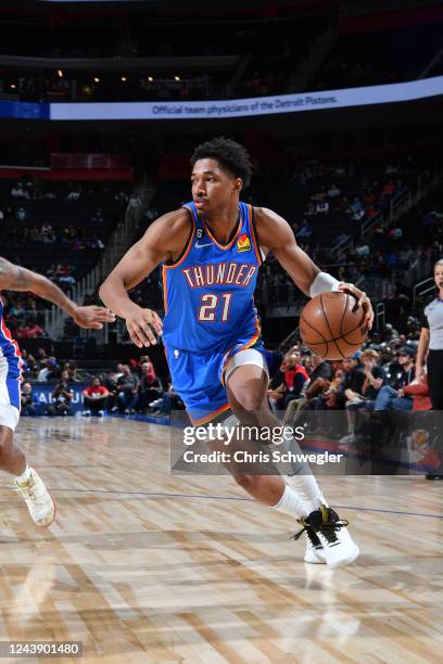 Aaron Wiggins of the Oklahoma City Thunder drives to the basket during the game against the Detroit Pistons on October 11, 2022 at Little Caesars...