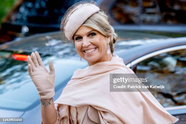 Queen Maxima of The Netherlands at the departure at the Vasa Museum at the first day of the Dutch State visit to Sweden on October 11, 2022 in...