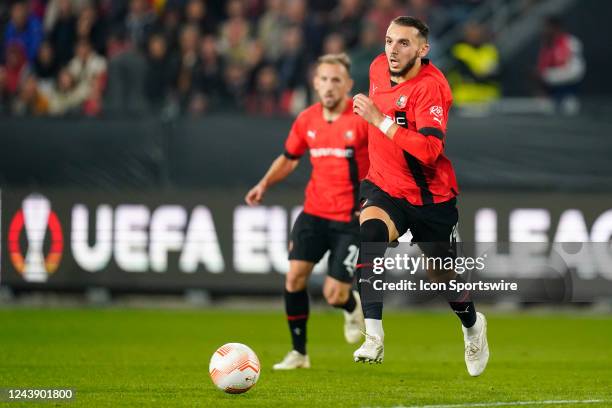 Amine Gouiri runs with the ball during the 3rd game of the 2022 League Europa B Group between the Stade Rennais FC against the Dynamo Kyiv on October...