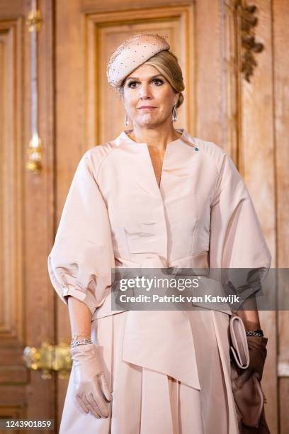 Queen Maxima of The Netherlands during a press statement in the Royal Palace on the first day of the Dutch State visit to Sweden on October 11, 2022...