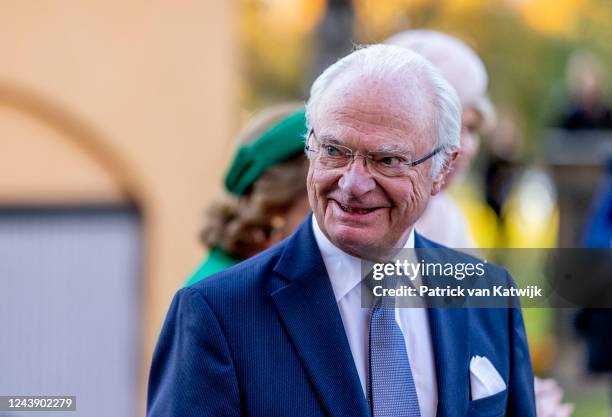 King Carl Gustaf XVI at the departure at the Vasa Museum at the first day of the Dutch State visit to Sweden on October 11, 2022 in Stockholm, Sweden.