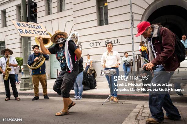Los Angeles, CA A traditional Oaxacan band plays during a protest outside Los Angeles City Hall as people try to get into Tuesdays council meeting on...