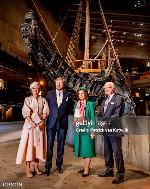 Queen Maxima of The Netherlands, King Willem-Alexander of The Netherlands, Queen Silvia and King Carl Gustaf XVI visit the Vasa Museum at the first...