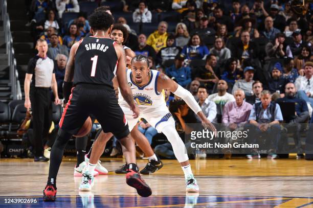 Moses Moody of the Golden State Warriors plays defense against the Portland Trail Blazers during a preseason game on October 11, 2022 at Chase Center...
