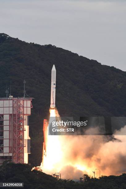 The Epsilon rocket No. 6 takes off from the launch pad at the Uchinoura Space Center in Kimotsuki-gun, Kagoshima Prefecture on October 12, 2022. -...