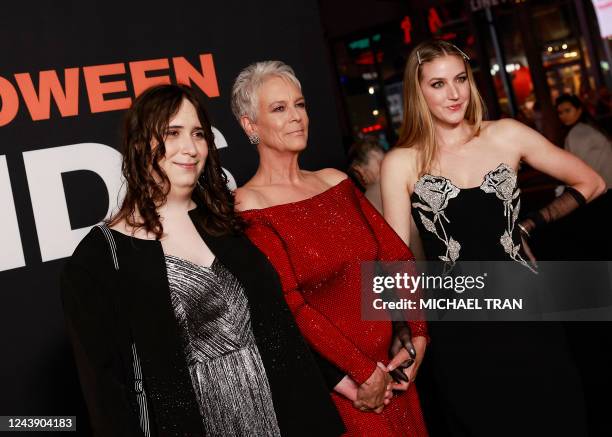 Actress Jamie Lee Curtis and daughters Annie Guest and Ruby Guest arrive for the premiere of "Halloween Ends" at the TCL Chinese Theatre in...