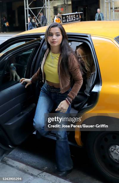 Isabela Merced is seen filming on the set of "Madame Web" on October 11, 2022 in New York City.