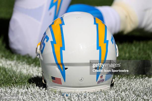Los Angeles Chargers helmet on the sideline prior to the National Football League game between the Los Angeles Chargers and Cleveland Browns on...