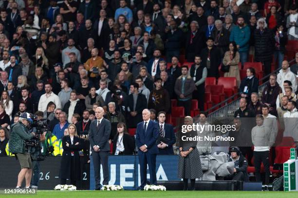 Geoff Hurst stands for a minute's silence for Queen Elizabeth II before the UEFA Nations League match between England and Germany at Wembley Stadium,...