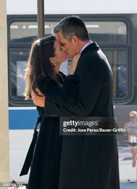 Bridget Moynahan and Peter Hermann are seen on the set of "Blue Bloods" on October 11, 2022 in New York City.