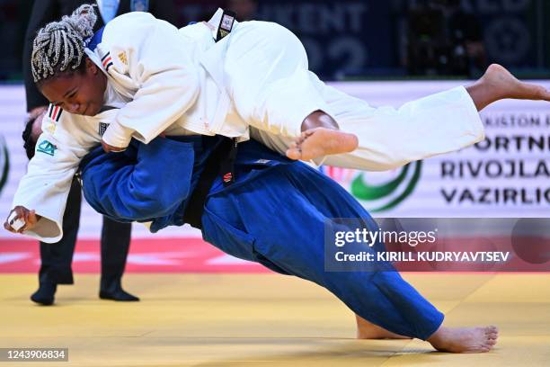 France's Romane Dicko and China's Xin Su compete in their women's over 78 kg category elimination round bout during the 2022 World Judo Championships...