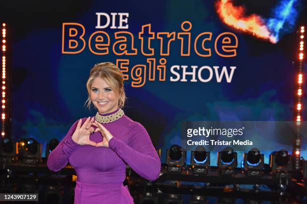 Beatrice Egli on stage during the recording of German Swiss TV show "Die Beatrice Egli Show" at Studio Berlin on October 11, 2022 in Berlin, Germany.