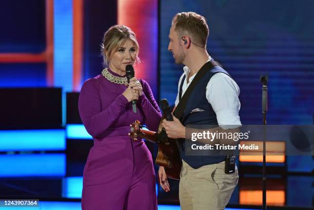 Beatrice Egli and swiss singer Marco Kunz on stage during the recording of German Swiss TV show "Die Beatrice Egli Show" at Studio Berlin on October...