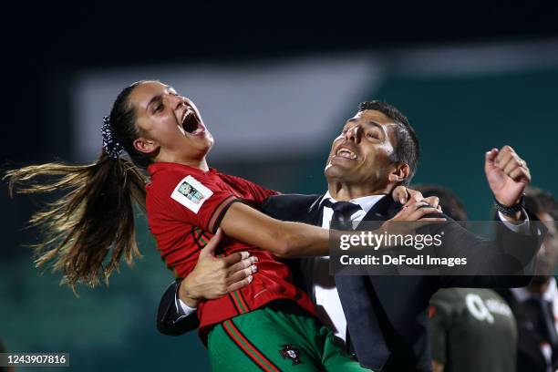Head Coach Francisco Neto of Portugal and Francisca Nazareth of Portugal gesture after the 2023 FIFA Women's World Cup play-off round 1 match between...