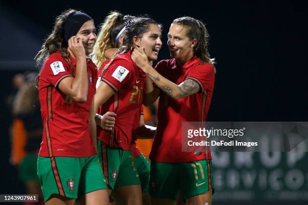 Francisca Nazareth of Portugal celebrates after scoring her team's forth goal during the 2023 FIFA Women's World Cup play-off round 1 match between...