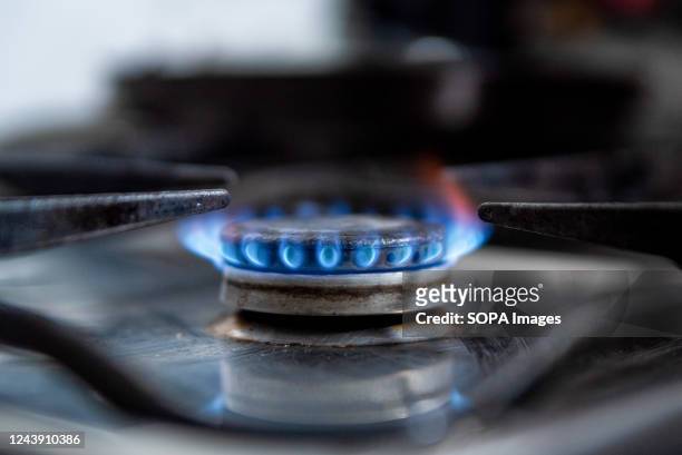 Gas stove lets off a blue flame inside a household kitchen in Barcelona. Due to Russia's invasion of Ukraine gas prices have reached record highs in...