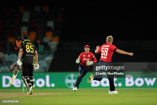 Sam Curran of England celebrates wicket of Tim David of Australia during game two of the T20 International series between Australia and England at...