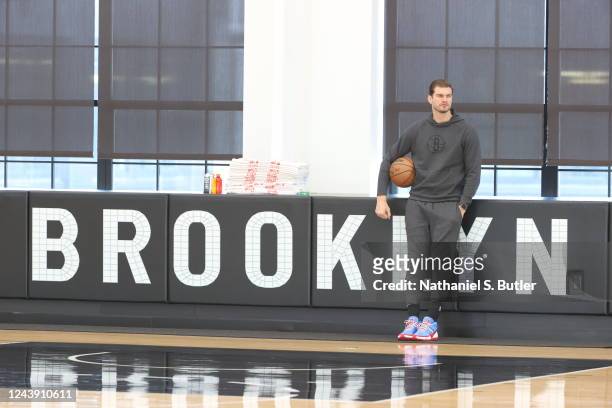 Tiago Splitter of the Brooklyn Nets looks on during an open practice on October 8, 2022 at HSS Training Center in Brooklyn, New York. NOTE TO USER:...