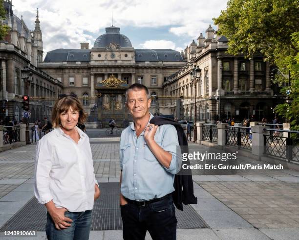 Writers Pascale Robert-Diard and Emmanuel Carrere are photographed for Paris Match on September 6, 2022 in Paris, France.