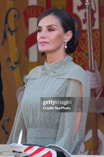 Queen Letizia of Spain attend the National Day Military Parade on October 12, 2022 in Madrid, Spain.