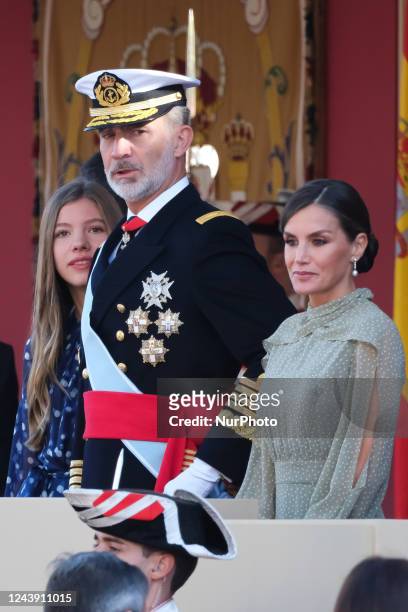 Princess Sofia of Spain, King Felipe VI of Spain and Queen Letizia of Spain attend the National Day Military Parade on October 12, 2022 in Madrid,...