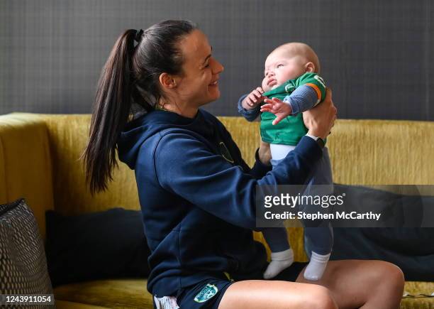 Dublin , Ireland - 12 October 2022; Áine O'Gorman and her 11-week-old son James during a Republic of Ireland Women media event at the Hilton Hotel in...