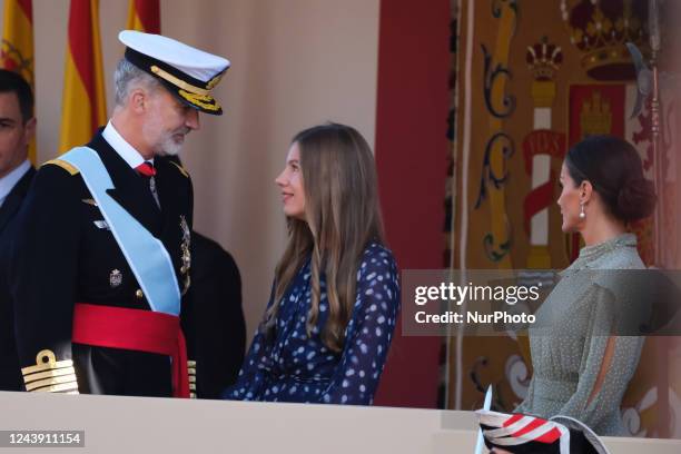 Princess Sofia of Spain, King Felipe VI of Spain and Queen Letizia of Spain attend the National Day Military Parade on October 12, 2022 in Madrid,...