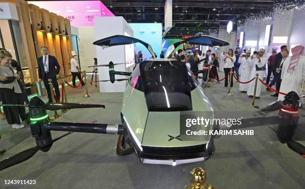 The Xpeng X2 flying vehicle is on display during the GITEX Global technology show at the Dubai World Trade Centre in the Gulf emirate, on October 12,...