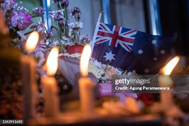 Australia flag is seen during a commemoration ceremony of the 20th anniversary of the attack on October 12, 2022 at the 2002 Bali Bombing Memorial...