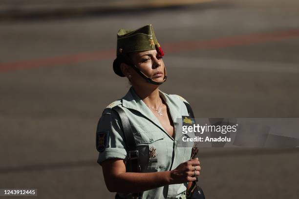 Spanish soldiers march during a military parade on the national holiday known as "Hispanidad" or Hispanic Day in Madrid, Spain on October 12, 2022.