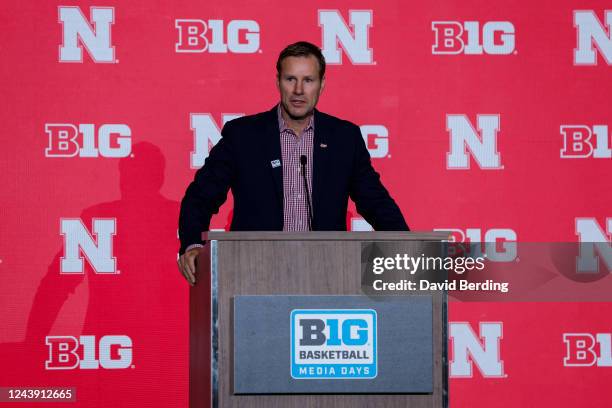 Head coach Fred Hoiberg of the Nebraska Cornhuskers speaks to media during Big Ten Media Days at Target Center on October 12, 2022 in Minneapolis,...