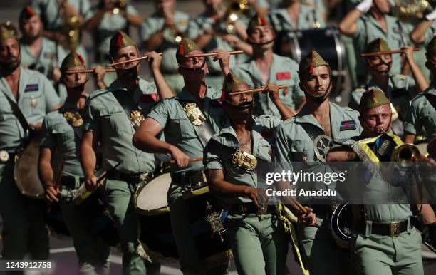 Spanish soldiers march during a military parade on the national holiday known as "Hispanidad" or Hispanic Day in Madrid, Spain on October 12, 2022.