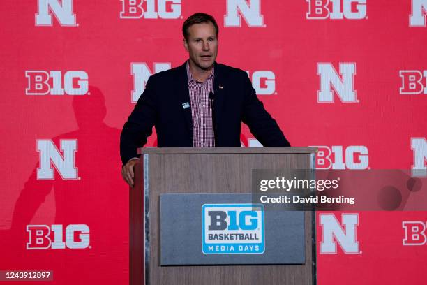 Head coach Fred Hoiberg of the Nebraska Cornhuskers speaks to media during Big Ten Media Days at Target Center on October 12, 2022 in Minneapolis,...