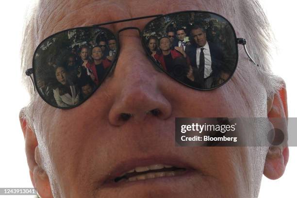 President Joe Biden speaks to members of the media on the South Lawn of the White House before boarding Marine One in Washington, DC, US, on...