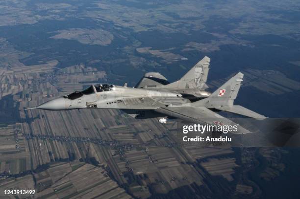 Raftor F22 from US Air Force, F 16 fighter jets and MIG 29 of the Polish Air Force take part in a NATO Air Force military drill on October 12, 2022...