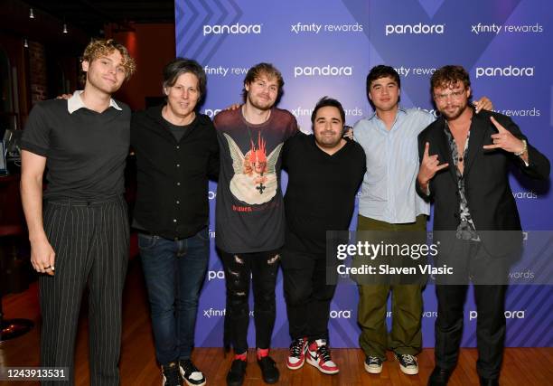 Luke Hemmings, Lee Leipsner, Michael Clifford, Mikey Piffm, Calum Hood and Ashton Irwin pose at Xfinity Awesome Gig Powered by Pandora Featuring 5...