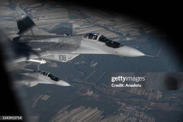 Raftor F22 from US Air Force, F 16 fighter jets and MIG 29 of the Polish Air Force take part in a NATO Air Force military drill on October 12, 2022...