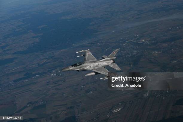 Raftor F22 from US Air Force, F 16 fighter jets and MIG 29 of the Polish Air Force take part in a NATO Air Force military drill on October 12, 2022...