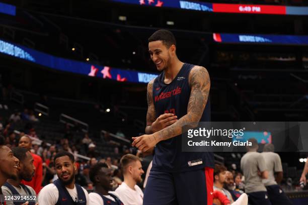 Kyle Kuzma of the Washington Wizards runs out during an open practice on October 11, 2022 at Capital One Arena in Washington, DC. NOTE TO USER: User...