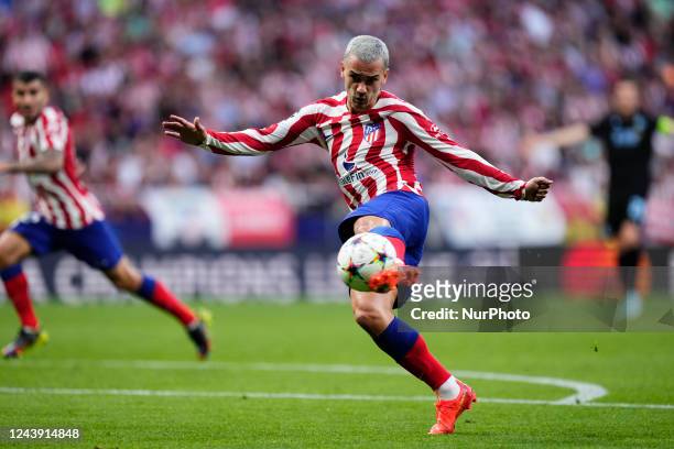 Antoine Griezmann second striker of Atletico de Madrid and France shooting to goal during the UEFA Champions League group B match between Atletico...