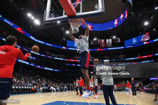 Vernon Carey Jr. #13 of the Washington Wizards dunks the ball during an open practice on October 11, 2022 at Capital One Arena in Washington, DC....