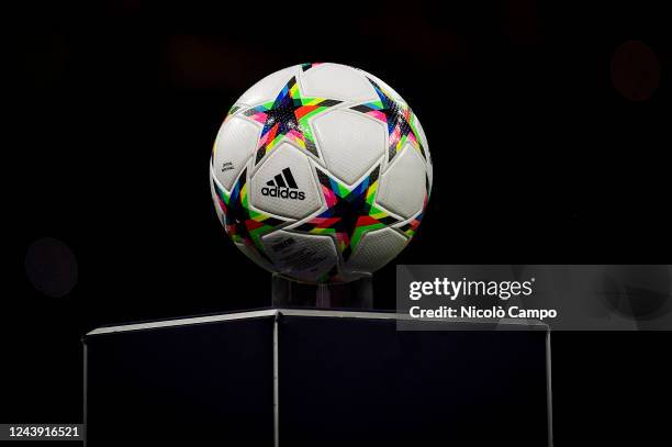 The official Adidas UEFA Champions League match ball is seen on a plinth prior to the UEFA Champions League football match AC Milan and Chelsea FC....