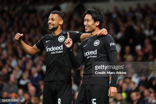 Daichi Kamada of Eintracht Frankfurt celebrates scoring the opening goal with Djibril Sow during the UEFA Champions League group D match between...