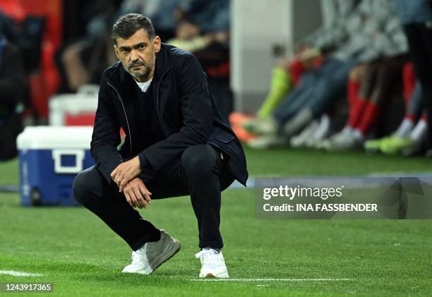 Porto's Portuguese head coach Sergio Conceicao looks on during the UEFA Champions League Group B football match between Bayer 04 Leverkusen and FC...