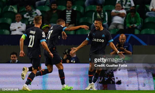 Alexis Sanchez of Olympique Marseille celebrates after scoring a goal during the UEFA Champions League - Group D match between Sporting CP and...