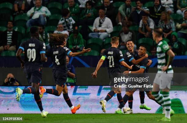 Alexis Sanchez of Olympique Marseille celebrates with teammates after scoring a goal during the UEFA Champions League - Group D match between...