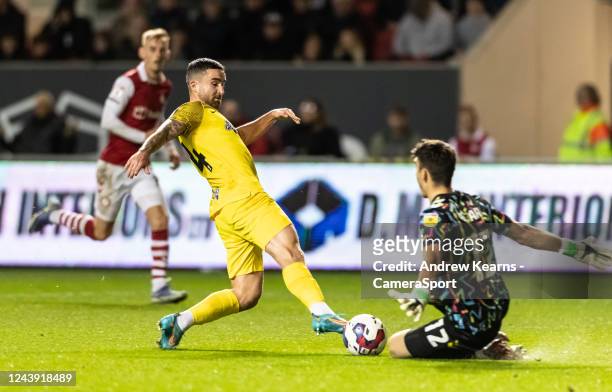 Preston North End's Sean Maguire is stopped by Bristol City's goalkeeper Max O'Leary during the Sky Bet Championship between Bristol City and Preston...