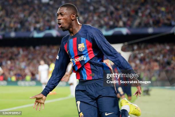 Ousmane Dembele of FC Barcelona celebrating 1-0 during the UEFA Champions League match between FC Barcelona v Internazionale at the Spotify Camp Nou...