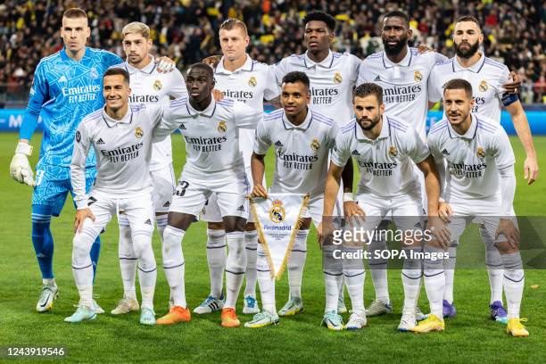 Team of Real Madrid pose for a group photo during the UEFA Champions League Group Stage match between FC Shakhtar Donetsk and Real Madrid at Marshal...